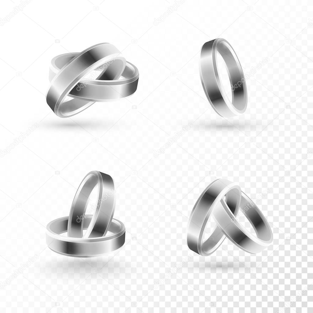 Wedding ring set of silver metal on transparent background.