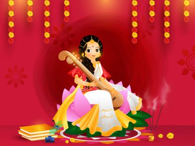Tanrıça saraswati karakter oturma poz Vasant Panchami vesilesiyle güzel tebrik kartı tasarımı.