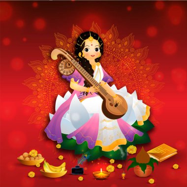 Tanrıça saraswati karakter oturma poz kırmızı bokeh arka planda Vasant Panchami vesilesiyle güzel tebrik kartı tasarımı.