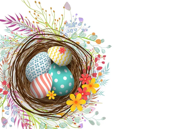 Реалистичные Красочные Пасхальные Яйца Гнезде Украшены Цветами Белом Фоне Празднования — стоковый вектор