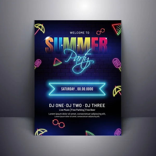 Summer Party Invitation Poster Design Neon Effect Brick Wall Background — Stock Vector