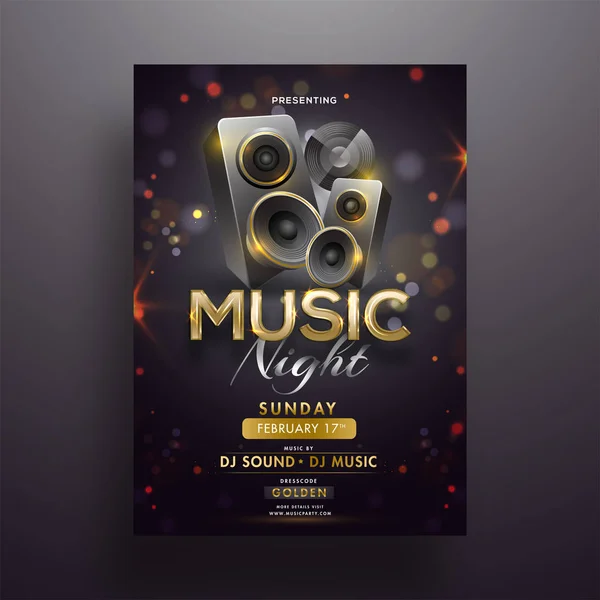 Realistic Sound Speakers Black Bokeh Background Music Night Party Poster — Stock Vector