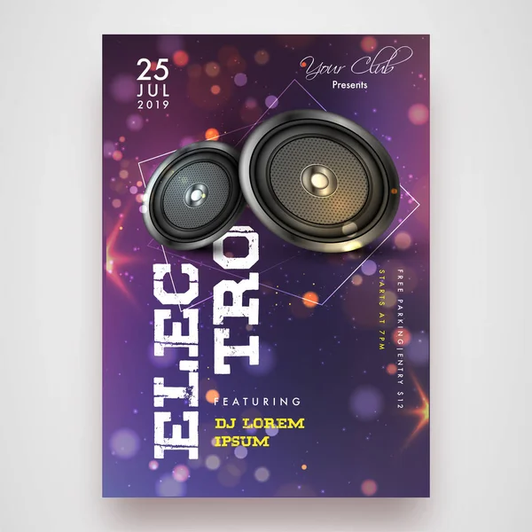 Electro Partij Viering Sjabloonontwerp Met Woofers Illustratie Paarse Bokeh Achtergrond — Stockvector