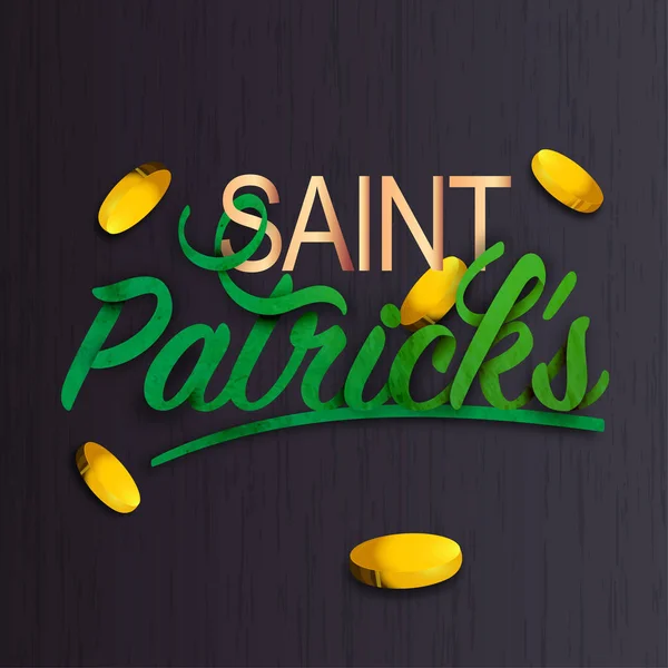 Stijlvolle Belettering Van Saint Patrick Met Gouden Munten Ingericht Zwarte — Stockvector