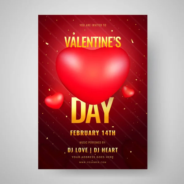 Valentinstag Feier Vorlage Design Mit Glänzenden Herzen Auf Braunem Streifenhintergrund — Stockvektor
