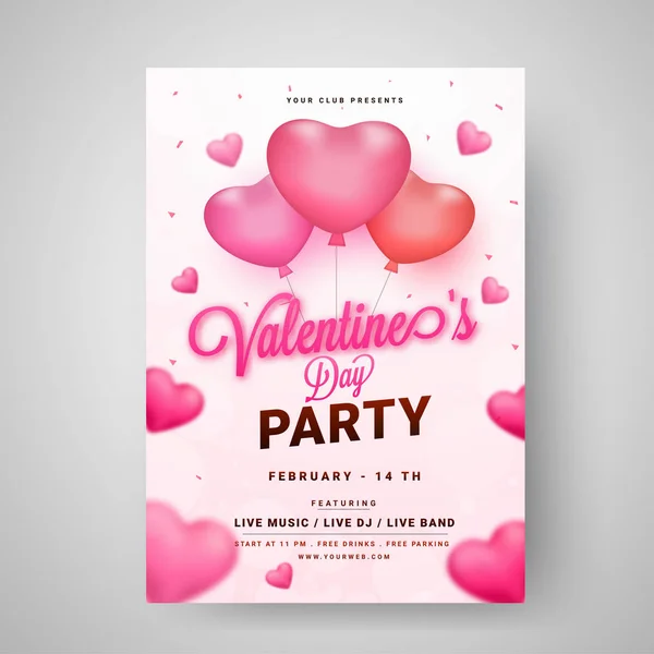 Valentine Day Party Template Flyer Design Decorated Glossy Heart Balloons — Stock Vector