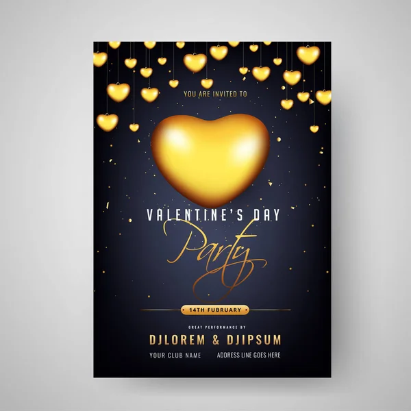 Valentine Day Party Feest Uitnodiging Kaart Ontwerp Versierd Met Gouden — Stockvector