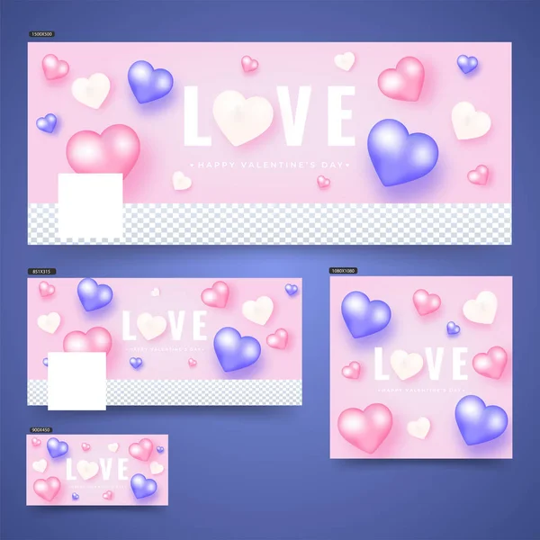 Social Media Header Banner Set Glossy Colorful Heart Shapes Typography — Stock Vector