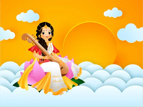 Diosa Personaje Saraswati Papel Corte Fondo Nublado Estilo Para Vasant — Vector de stock