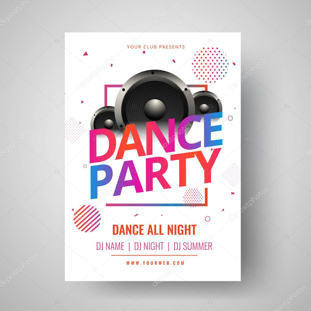 Colorful text dance party with illustration of woofer and abstract elements for music party flyer or club invitation card design.