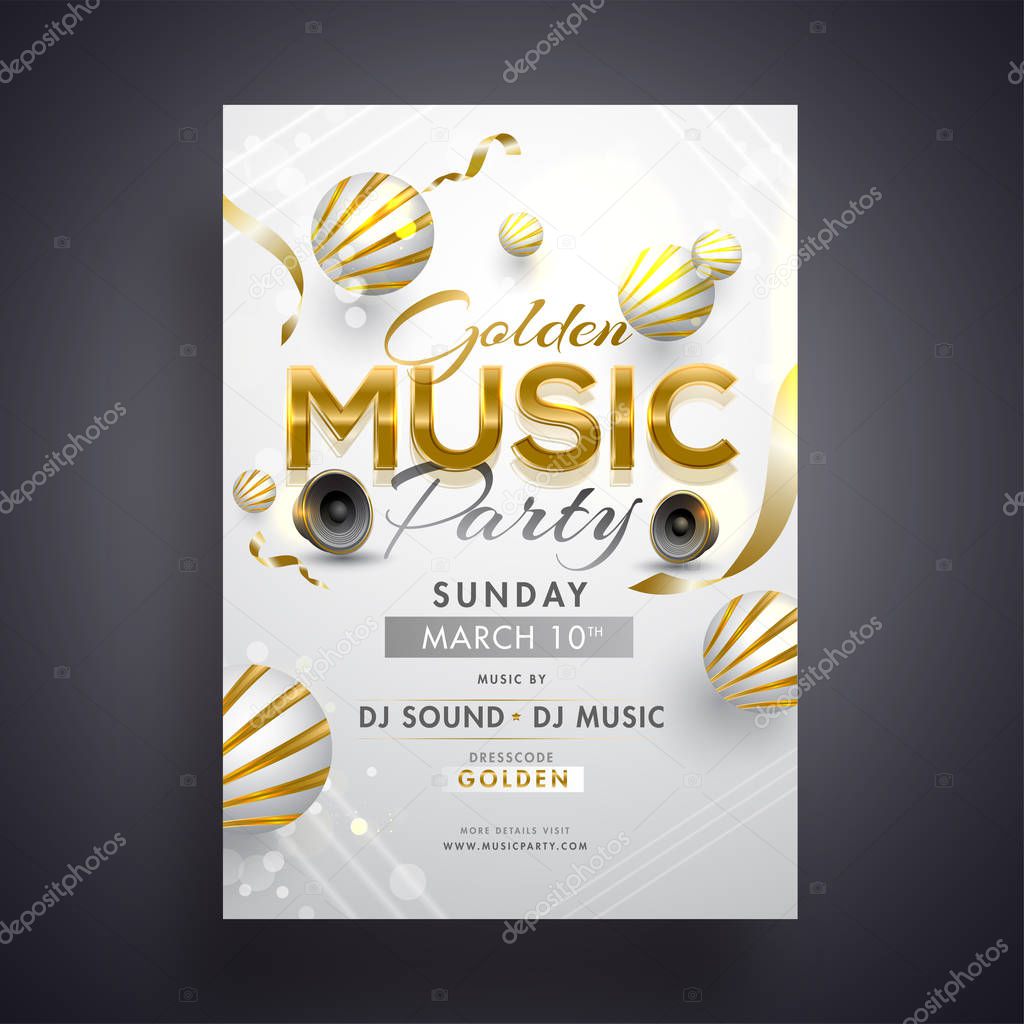 Golden music party invitation card design with woofers and 3d abstract spheres on glossy background.