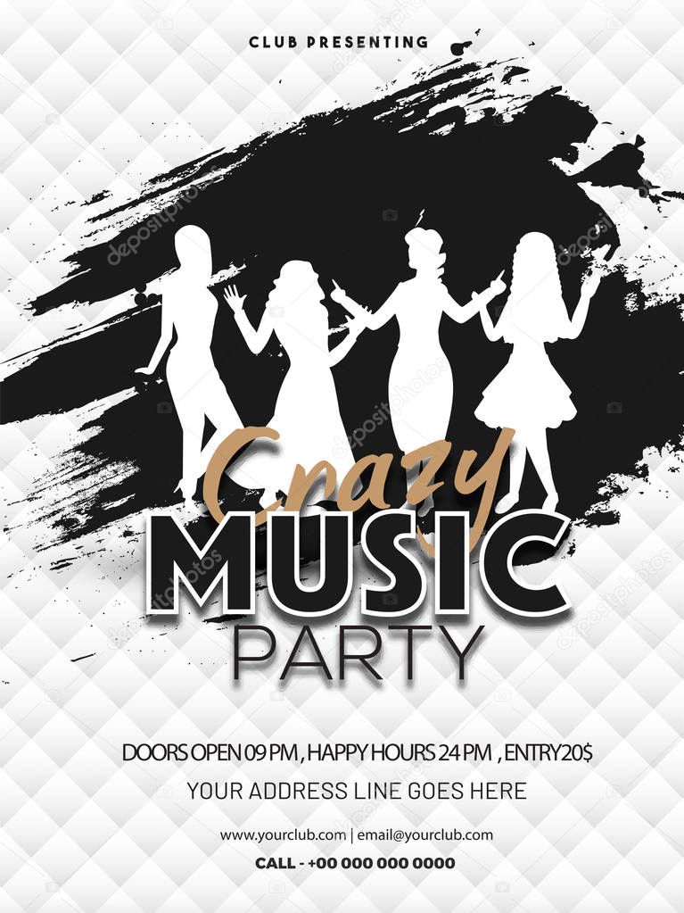 Crazy Music Party invitation card or flyer design with time, date and venue details.