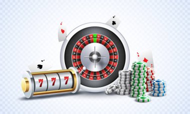 Rulet tekerleği, casino fişi ve iskambil illüstrasyon için gece parti kavramı kumar beyaz png arka plan üzerinde gerçekçi slot makinesidir.
