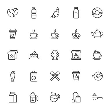 Beyaz arka plan üzerinde 25 satır sanat kafe Icons set.