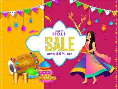 Mutlu bayram Satılık poste veya afiş tasarım güzel kız karakter ve festival elemanları.