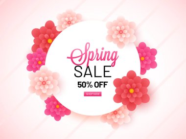 % 50 indirim teklif ve dekoratif kağıt kesme çiçek satış afiş tasarımı parlak şerit arka plan bahar.