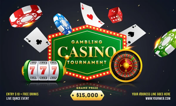 Casino Turnuva Başlık Sayfası Veya Poster Tasarım Çip Oyun Kağıtları — Stok Vektör