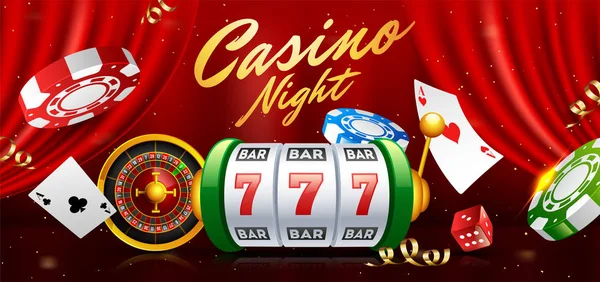 现实老虎机与轮盘赌 赌场芯片和扑克牌插图在红色窗帘背景上赌场之夜派对横幅设计 — 图库矢量图片