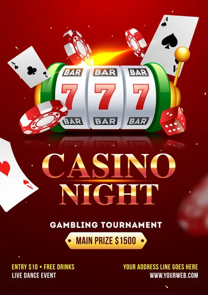 Casino Night Party Sjabloon Flyer Design Met Realistische Slotmachine Casino — Stockvector
