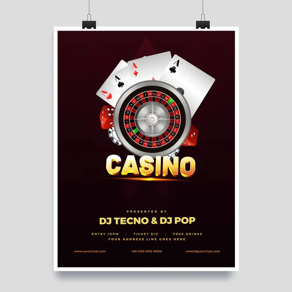 Illustration Des Goldenen Text Casino Mit Roulette Rad Und Spielkarten — Stockvektor