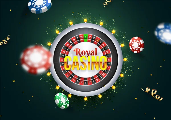 Texto Del Casino Real Máquina Ruleta Con Ilustración Fichas Casino — Vector de stock