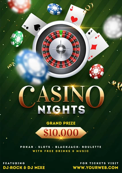 Casino Noční Strany Šablony Návrhu Realistické Ruleta Kolo Hrací Karty — Stockový vektor