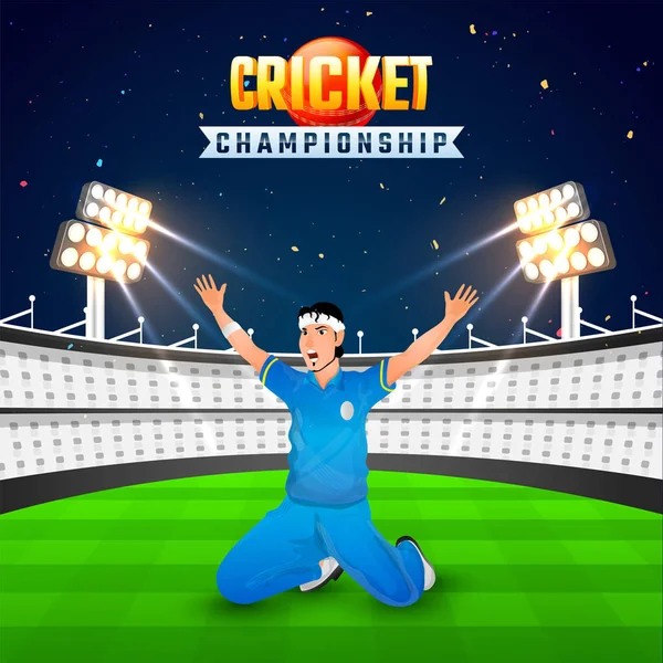 Vektor Illustration Von Cricket Spieler Siegerpose Auf Nacht Ansicht Stadion — Stockvektor