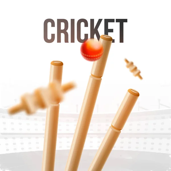 Close View Ball Hitting Wicket Stumps Illustration Cricket Tournament Template — Stock Vector