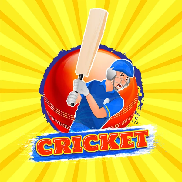 Giocatore Cricket Azione Sfondo Raggi Gialli Design Modello Torneo Cricket — Vettoriale Stock