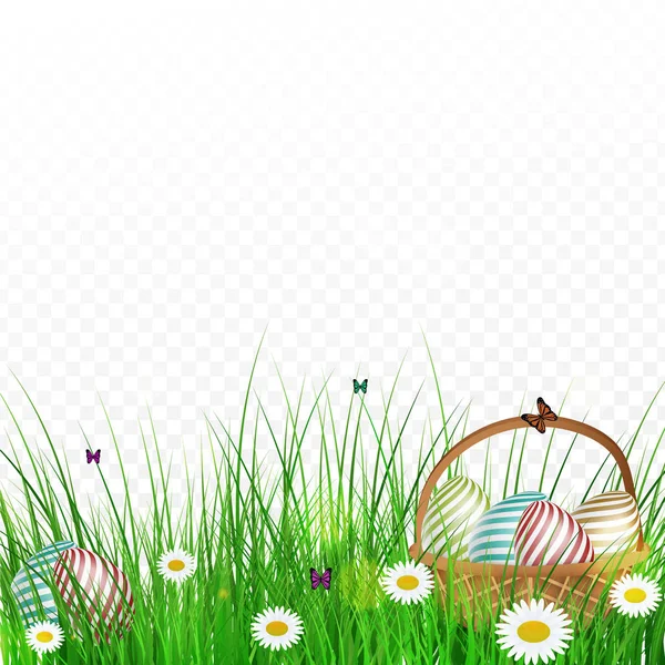 现实的复活节彩蛋在一个篮子里隐藏在草在透明的背景 — 图库矢量图片