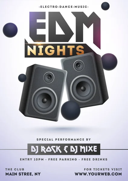 Edm Nights Template Flyer Design Con Illustrazione Speaker Elementi Astratti — Vettoriale Stock