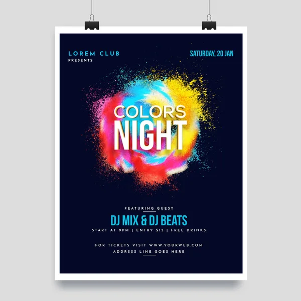 Дизайн Шаблона Вечеринки Colors Night Абстрактным Цветовым Всплеском Деталями Месте — стоковый вектор