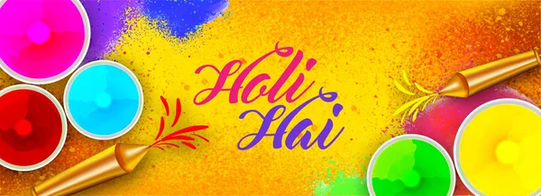 标题或横幅设计的顶视图与颜色碗和水枪在颜色飞溅背景与文本 Holi Hai Holi — 图库矢量图片