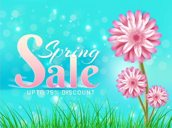 Spring Sale banner or poster design with 75% discount offer and pink flowers illustration on blue bokeh background.