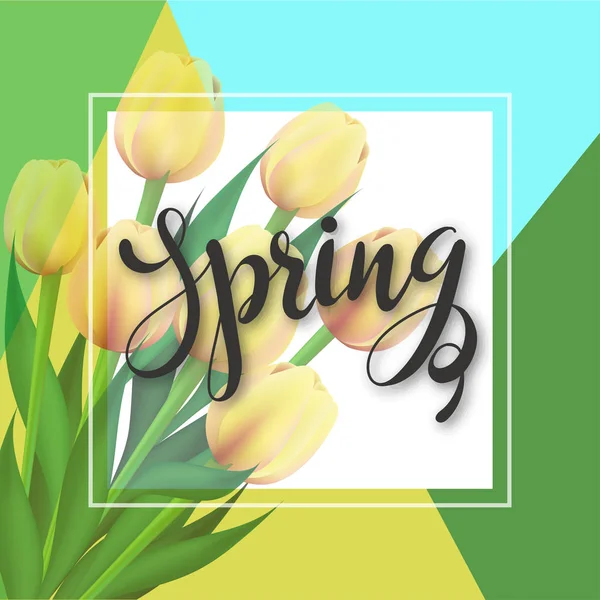 Diseño Tarjeta Felicitación Primavera Decorada Con Flores Tulipán Sobre Fondo — Vector de stock