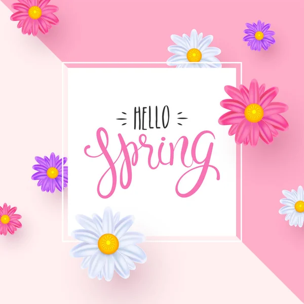 你好春天贺卡设计装饰与五颜六色的雏菊花粉红色的背景 — 图库矢量图片