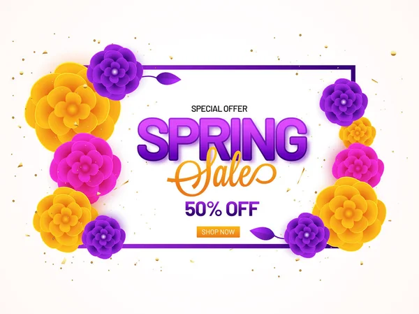 Spring Sale Spandoek Poster Design Met Korting Aanbieden Papieren Bloemen — Stockvector