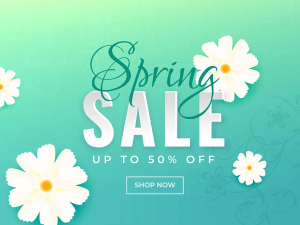 广告横幅设计装饰有雏菊花和50 的折扣优惠春季销售 — 图库矢量图片