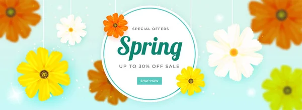 标题或横幅设计装饰五颜六色的花朵和30 的折扣优惠的春季销售 — 图库矢量图片