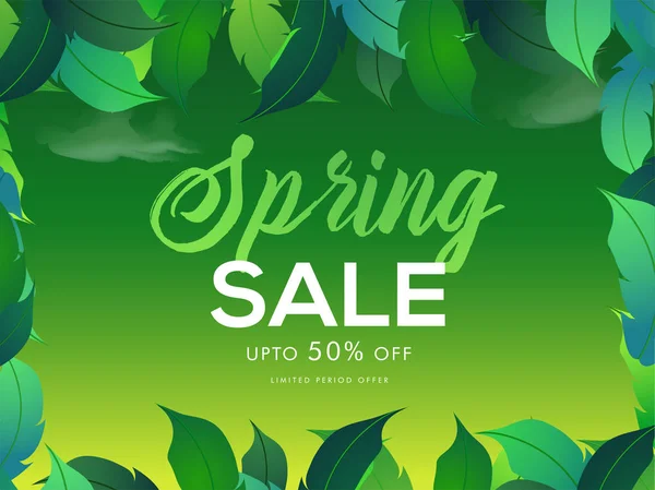 Cartaz Venda Primavera Design Banner Com Oferta Desconto Folhas Tropicais — Vetor de Stock