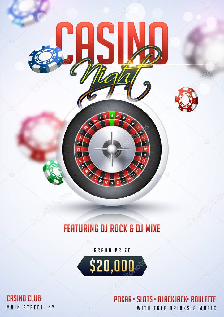 Casino night party template or flyer design with 3d roulette wheel and casino chips on blurred background.