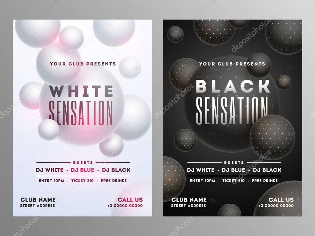 White and black sensation party flyer with time date and venue details.