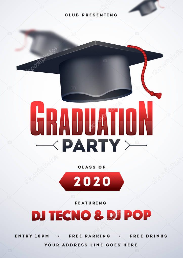 Graduation party template or flyer design with illustration of mortar board on white background.