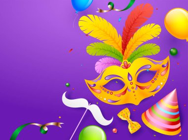 Parti maskesi, şapka, bıyık pervane ve balonlar Mardi Gras parti poster veya şablon tasarımı için parlak mor zemin üzerine vektör çizim.