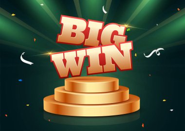 Şık bir metinle büyük kazanmak kazanan podyum üzerinde yeşil ışınları arka plan.