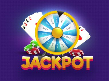 Gerçekçi rulet tekerleği, casino fişi ve iskambil illüstrasyon Jackpot başlık sayfası veya poster tasarımı için mor zemin üzerine.
