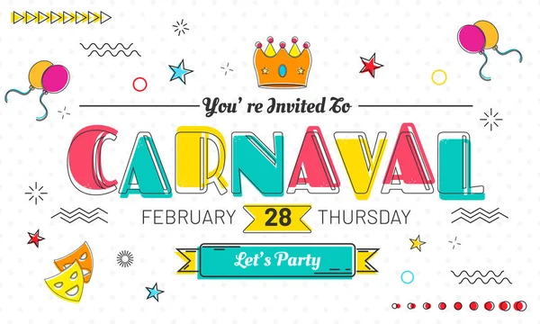 Carnaval Testo Colorato Con Altri Elementi Decorativi Biglietto Invito Partito — Vettoriale Stock