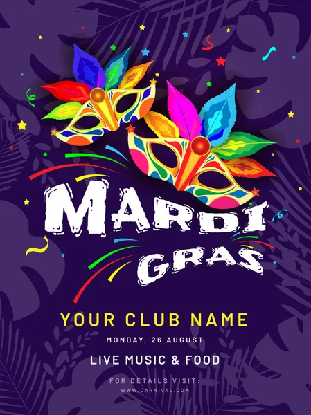 Diseño Plantilla Fiesta Mardi Gras Con Máscara Fiesta Colorida Sobre — Archivo Imágenes Vectoriales