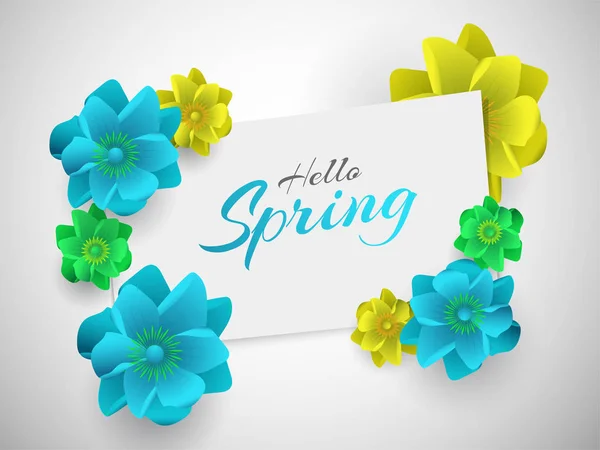 Hello Spring Poster Banner Ontwerp Ingericht Met Blauwe Gele Bloemen — Stockvector