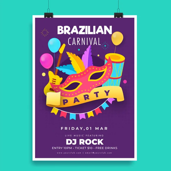 Brazilian Carnival Party template or flyer design with party mask and music instruments illustration.